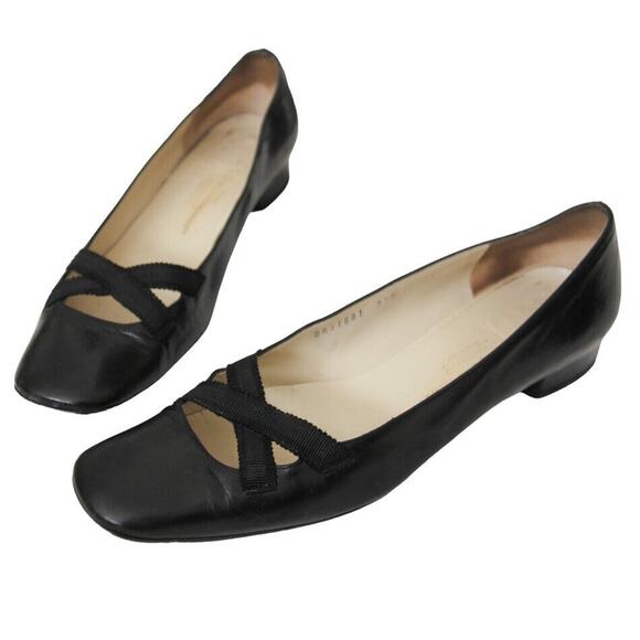 Salvatore Ferragamo Shoes - Salvatore Ferragamo Black Leather Elastic Crisscross Square Toe Pumps